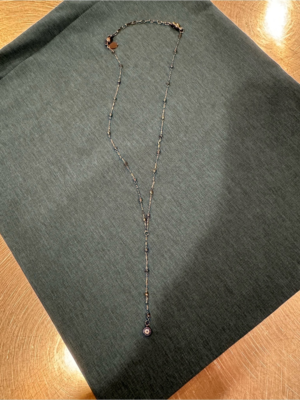 Long Layered Black/Gun Metal Y-Necklace with Crystal Blue & Clear Flower Pendant